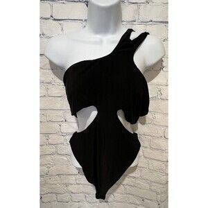 Club London black silky one shoulder cut out one piece bodysuit Size 10